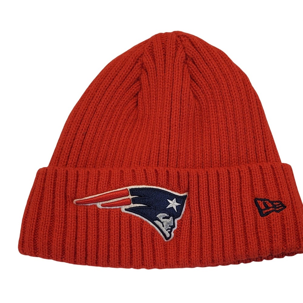 New England Patriots New Era Red Ribbed Knit Fleece Lined Beanie Hat NFL Logo